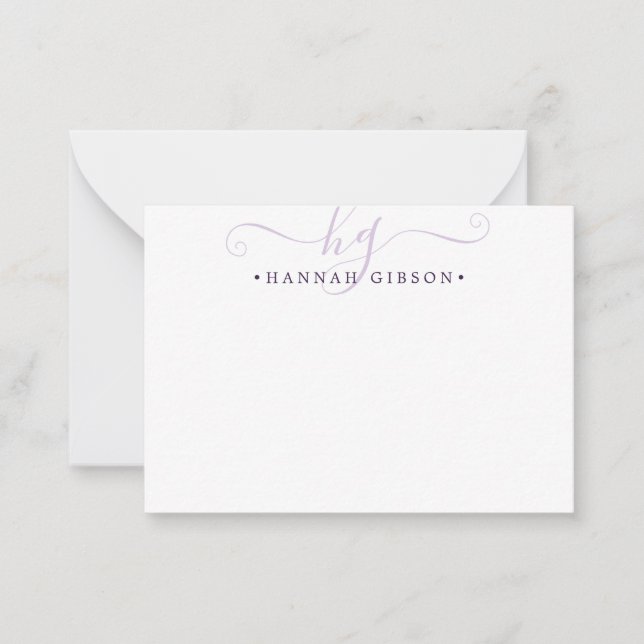 Modern Monogram Script Initials Purple Note Card (Front)