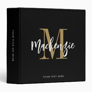 Modern Monogram Script Name Black Gold 3 Ring Binder