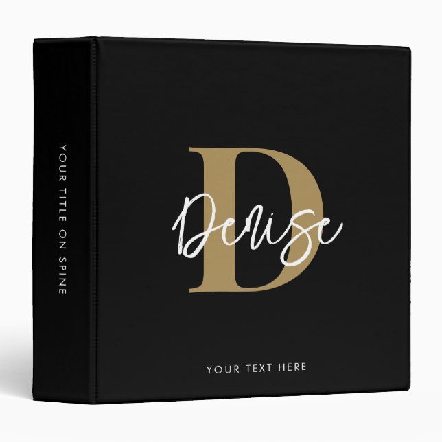Modern Monogram Script Name Black Gold 3 Ring Binder (Front/Spine)
