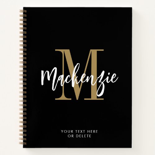 Modern Monogram Script Name Black Gold  Notebook