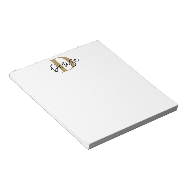 Modern Monogram Script Name Black Gold Notepad (Angled)
