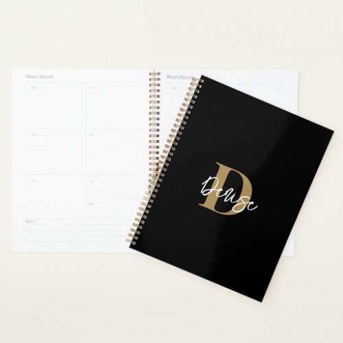 Modern Monogram Script Name Black Gold Planner