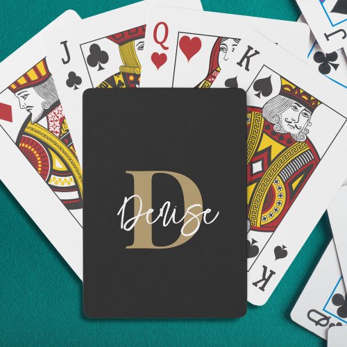 Modern Monogram Script Name Black Gold Poker Cards