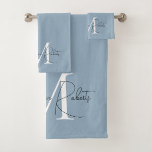 Modern monogram script name blue Bath Towel Set