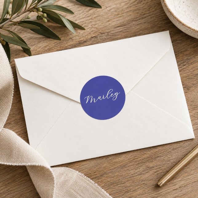 Modern  Monogram Script Name Blue Classic Round Sticker (Creator Uploaded)