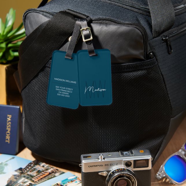 Modern Monogram Script Name Blue Luggage Tag (Front & Back)