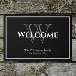 Modern Monogram Script Name Chic Wedding Welcome  Doormat<br><div class="desc">Modern Monogram Script Name Chic Wedding Welcome Doormat. Personalized monogram initial and the bride and groom's last name and date are established on a black background. Click Personalize this template to customize it quickly and easily. A Unique cute gift for newlyweds. Lovely for their new home together. Ships Worldwide Fast....</div>