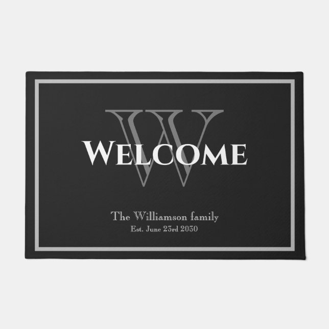 Modern Monogram Script Name Cute Wedding Welcome Doormat (Front)