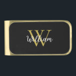 Modern Monogram Script Name Gold Finish Money Clip<br><div class="desc">Modern and simple black money clip with monogram and script first name.  Customize with your own initial and name and contact details to the reverse.  Matching items available.  Please use the message me button below for help with further customization and special requests.  © Zoe Chapman Design</div>