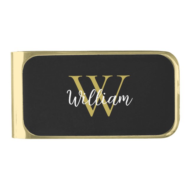 Modern Monogram Script Name Gold Finish Money Clip (Front)