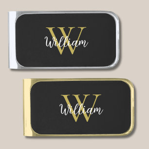 Modern Monogram Script Name Gold Finish Money Clip