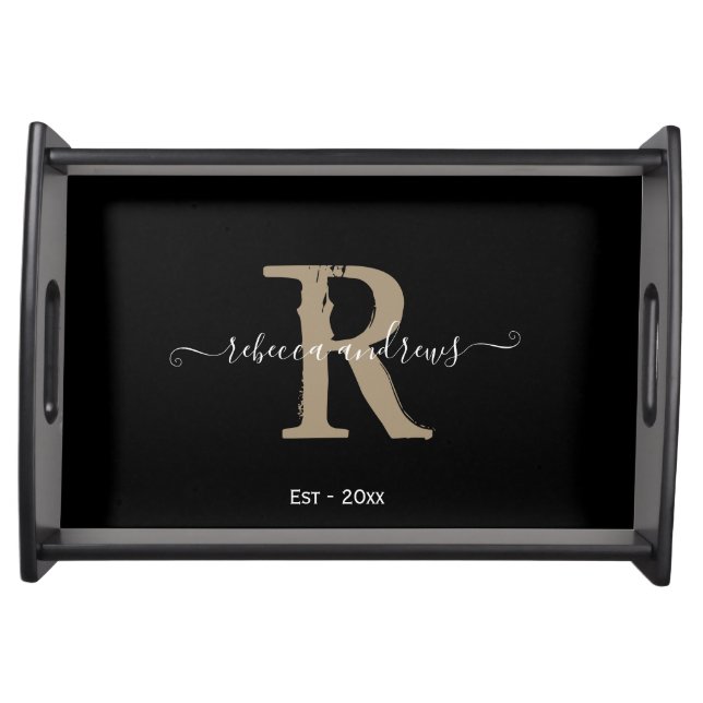 Modern Monogram Script Name Initial Black Custom  Serving Tray (Front)