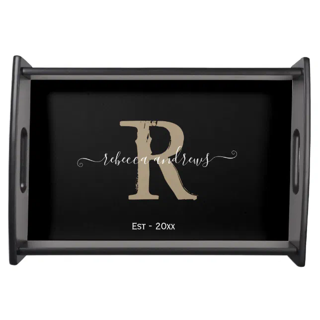 Modern Monogram Script Name Initial Black Custom Serving Tray | Zazzle