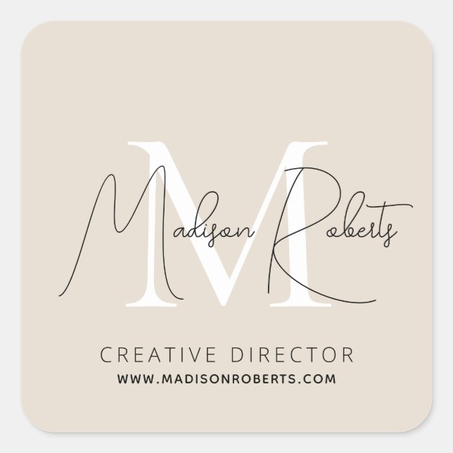  Modern monogram script name logo beige Square Sticker (Front)