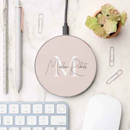  Modern monogram script name logo blush pink  Wireless Charger