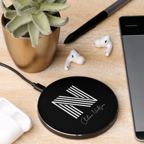 Modern Monogram Script Name Personalized Wireless Charger