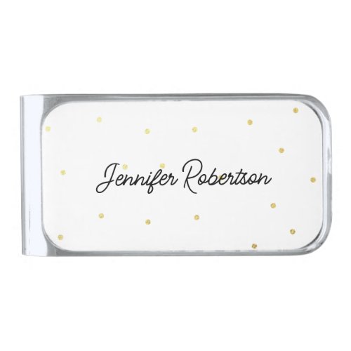 Modern Monogram Script Name White  Gold Dots  Silver Finish Money Clip