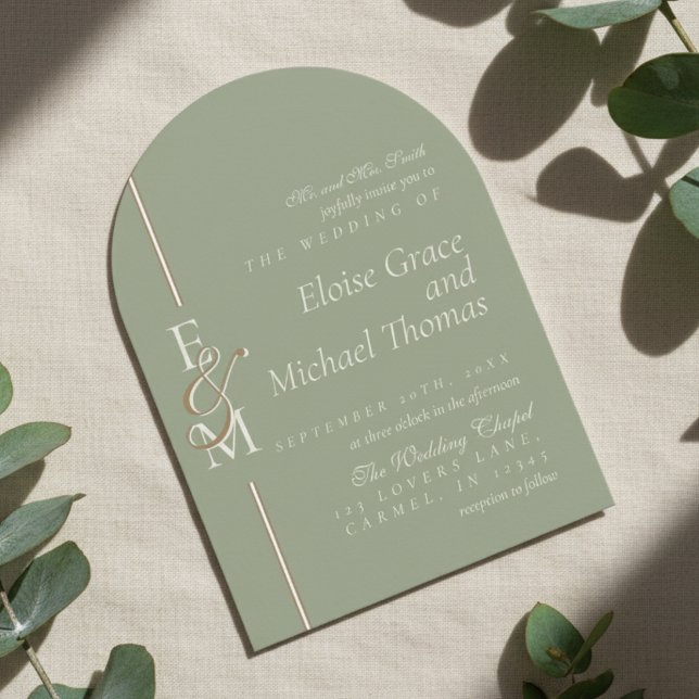 Modern Monogram Script Sage Green Arch Wedding Invitation (Announce your special day with this luxurious Modern Monogram Script Arch Wedding Invitation!)