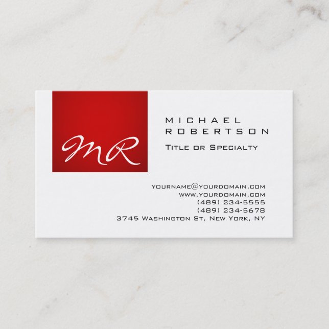Modern Monogram Script White Red Business Card (Front)