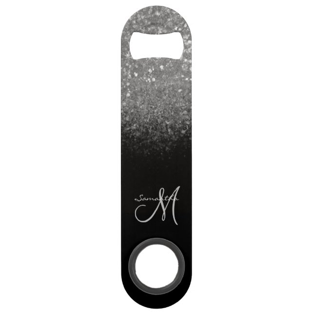 Modern Monogram Silver Glitter & Black Name Bar Key (Front)