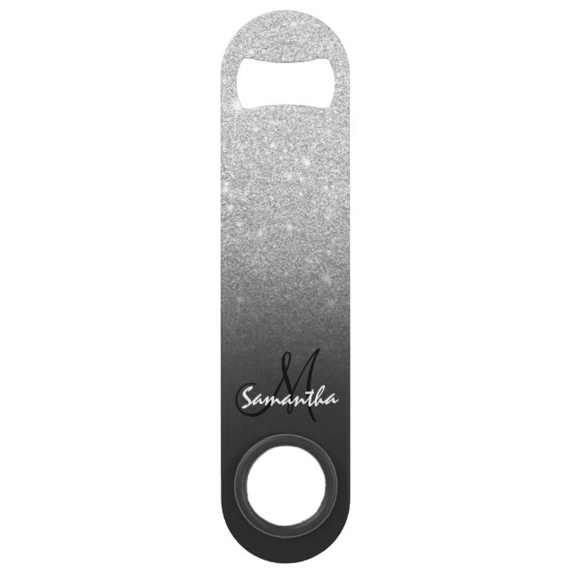 Modern monogram silver glitter ombre grey speed bottle opener (Front)