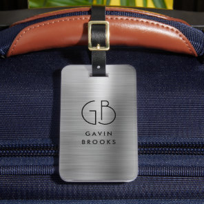 Modern Monogram Silver Gray Brushed Metallic Luggage Tag