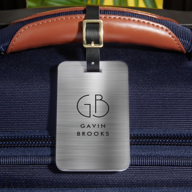 Modern Monogram Silver Gray Brushed Metallic Luggage Tag (Front Insitu 2)