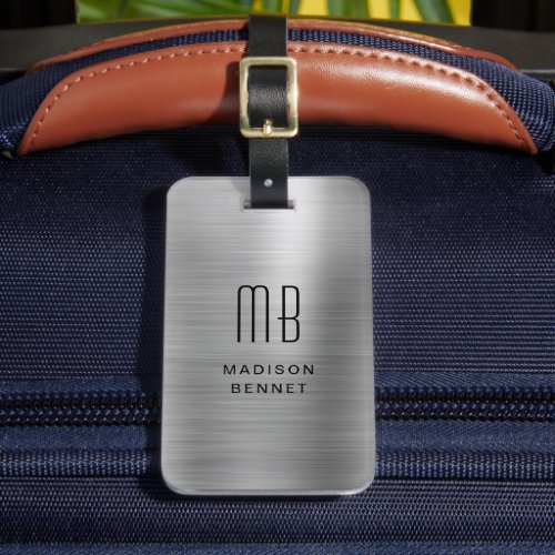 Modern Monogram Silver Gray Brushed Metallic Luggage Tag