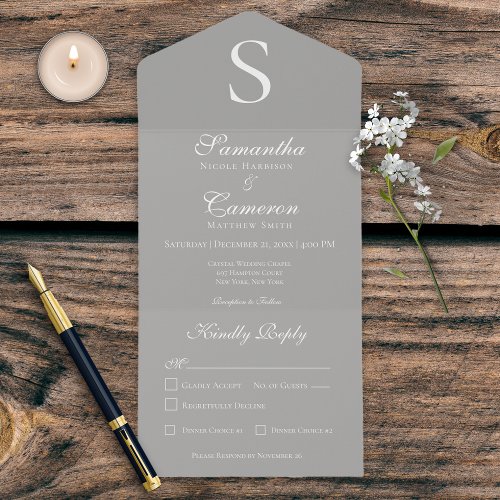 Modern Monogram Silver Gray Dinner All In One Invitation