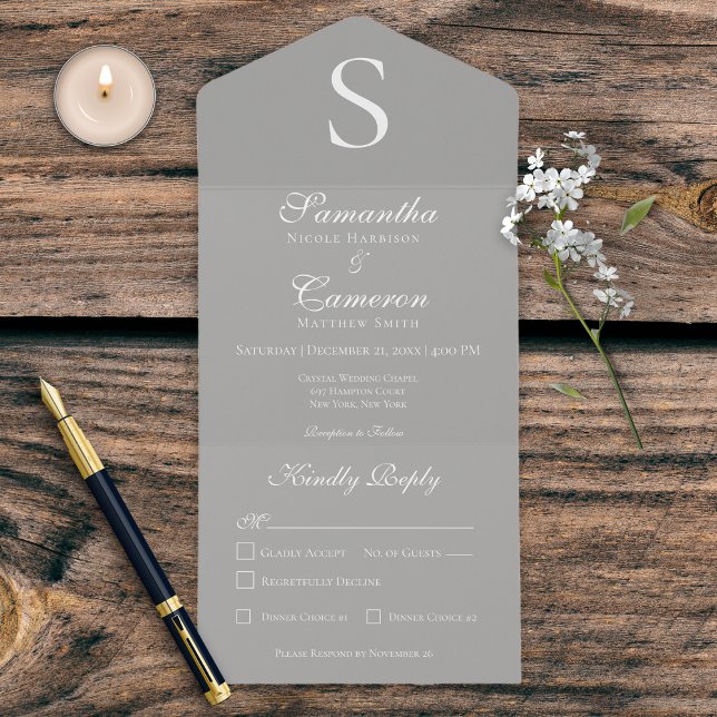 Modern Monogram Silver Gray Dinner All In One Invitation (Creator Uploaded)