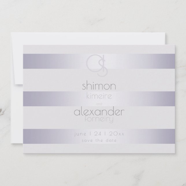 Modern Monogram Silver Lilac Stripes Save The Date (Front)