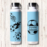 Modern Monogram Soccer Lover Blue Black Water Bottle<br><div class="desc">Modern Monogram Soccer Lover Blue Black Water Bottle A monogram modern bottle for the soccer lover with their name in black block letters on a blue background. The baby blue background gives it an elegant and stylish look. Not only can you use during soccer season, but these cool water bottles...</div>