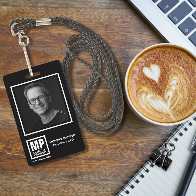 Modern Monogram Square Logo Black White Photo Badge (Creator Uploaded)