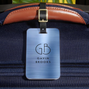Modern Monogram Steel Blue Brushed Glam Metallic Luggage Tag