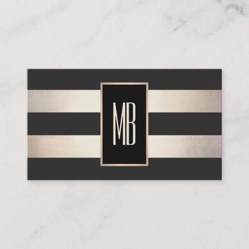 Modern Monogram Striped Black and FAUX Gold Foil Business Card