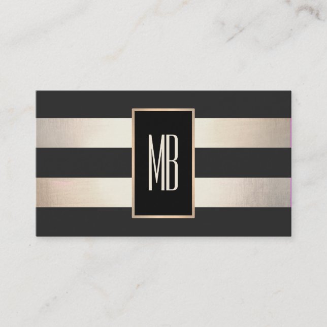 Modern Monogram Striped Black and FAUX Gold Foil Business Card (Front)