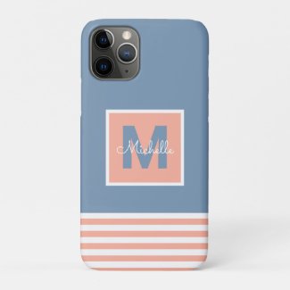 Modern Monogram Striped Dusty Blue Blush iPhone 11 Pro Case