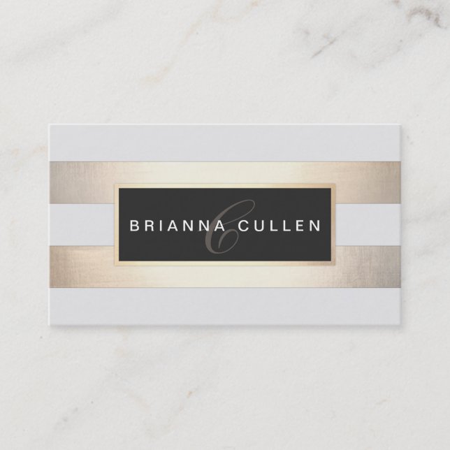 Modern Monogram Striped Gold Foil (image)  Black Business Card (Front)