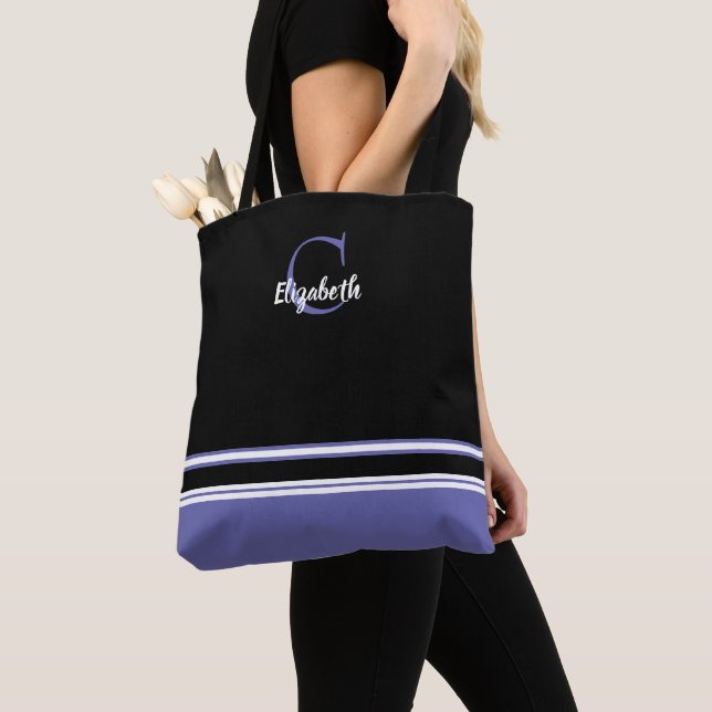 Modern Monogram Stripes Black Periwinkle  Tote Bag (Close Up)