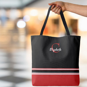 Modern Monogram Stripes Black Red  Tote Bag