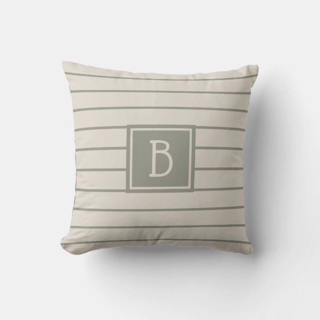 Modern Monogram Stripes Pattern Sage Green & Cream Throw Pillow (Front)