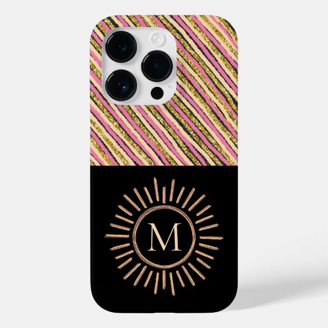 Modern Monogram Stripes Yellow Gold Black Case-Mate iPhone Case (Back)