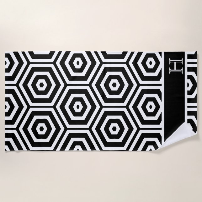 Modern Monogram stylish Black and white bathroom Beach Towel (Front)