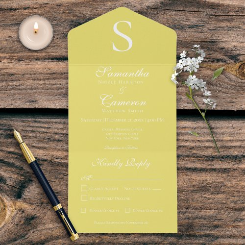 Modern Monogram Sunflower Yellow Dinner All In One Invitation