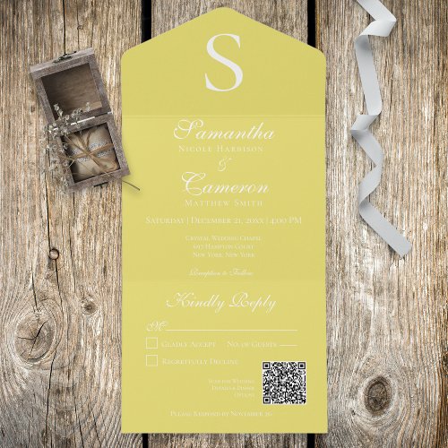 Modern Monogram Sunflower Yellow QR Code All In One Invitation