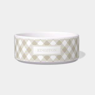 Modern Monogram Tan Gingham Plaid Dog Bowl
