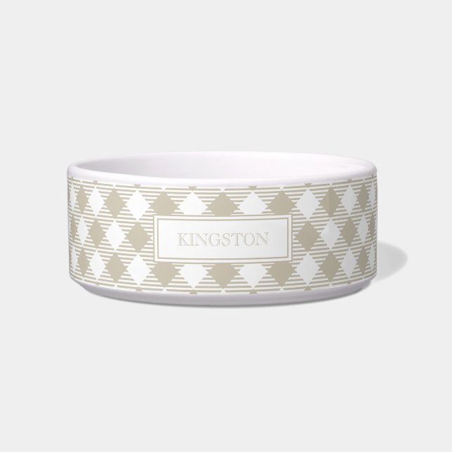Modern Monogram Tan Gingham Plaid Dog Bowl (Front)