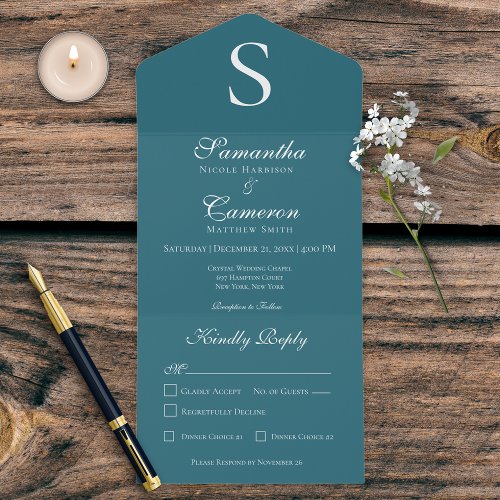 Modern Monogram Teal Blue Dinner All In One Invitation