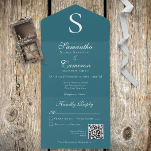 Modern Monogram Teal Blue QR Code All In One Invitation