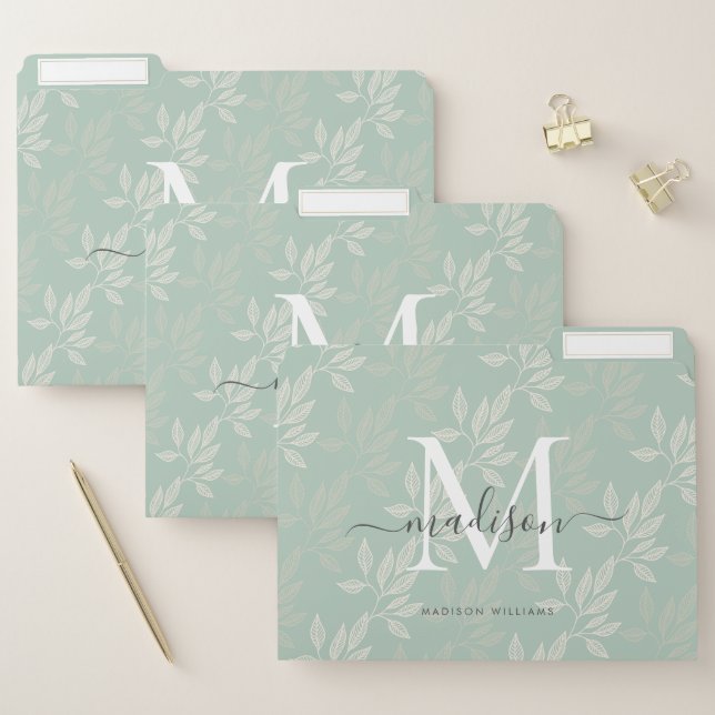 Modern Monogram Teal Botanical Leaves Chic Pattern File Folder (Set)